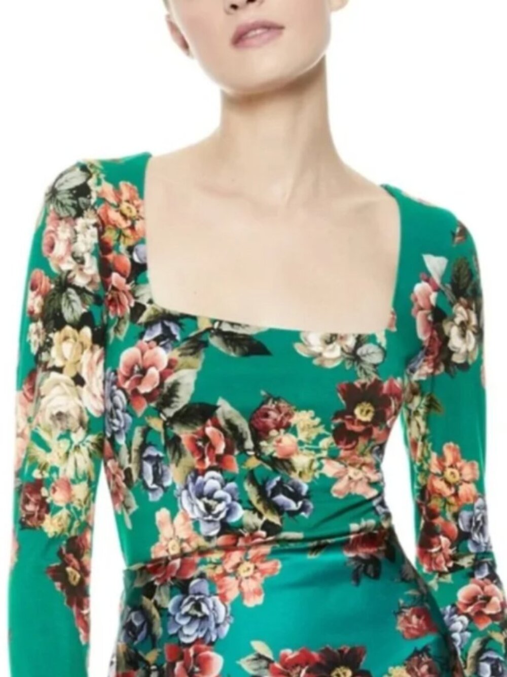 Alice + Olivia Cropped Long Sleeve Square Neck Floral Top in Green, Size XS